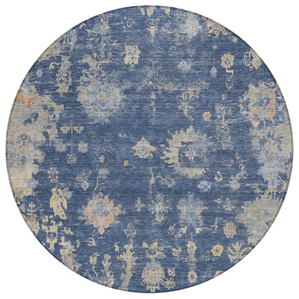 HomeRoots 8' Elegant Navy Blue, Gray & Beige Round Floral Rug - Washable, Durable & Ideal for High-Traffic Areas 658413