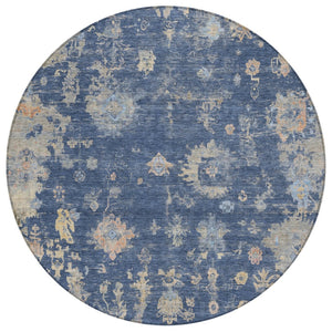HomeRoots 8' Elegant Navy Blue, Gray & Beige Round Floral Rug - Washable, Durable & Ideal for High-Traffic Areas 658413