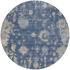 HomeRoots 8' Elegant Navy Blue, Gray & Beige Round Floral Rug - Washable, Durable & Ideal for High-Traffic Areas 658413