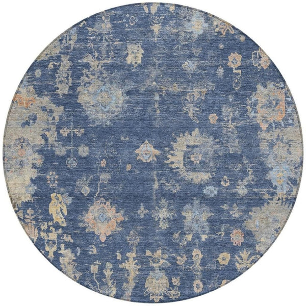 HomeRoots 8' Elegant Navy Blue, Gray & Beige Round Floral Rug - Washable, Durable & Ideal for High-Traffic Areas 658413