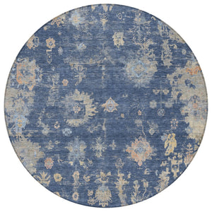 HomeRoots 8' Elegant Navy Blue, Gray & Beige Round Floral Rug - Washable, Durable & Ideal for High-Traffic Areas 658413