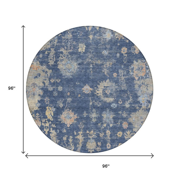 HomeRoots 8' Elegant Navy Blue, Gray & Beige Round Floral Rug - Washable, Durable & Ideal for High-Traffic Areas 658413