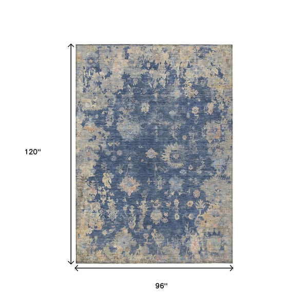 HomeRoots 8' X 10' Floral Navy Blue Gray Beige Area Rug - Durable, Washable, Perfect for Indoor & Outdoor Spaces 658414
