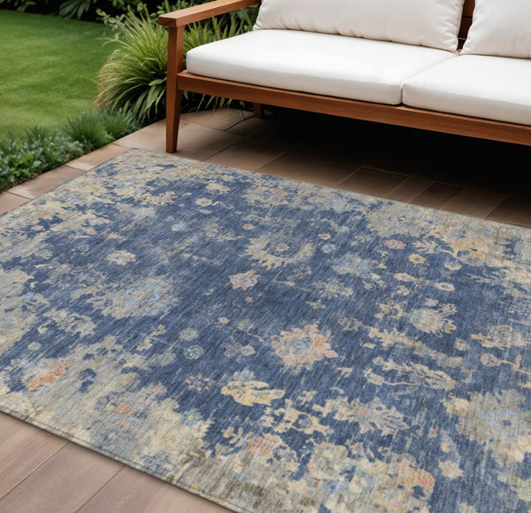 HomeRoots 9' X 12' Washable Floral Area Rug in Navy, Gray & Beige - Elegant Indoor/Outdoor Decor Solution! 658415