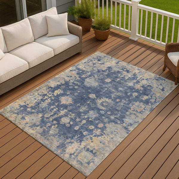 HomeRoots 9' X 12' Washable Floral Area Rug in Navy, Gray & Beige - Elegant Indoor/Outdoor Decor Solution! 658415