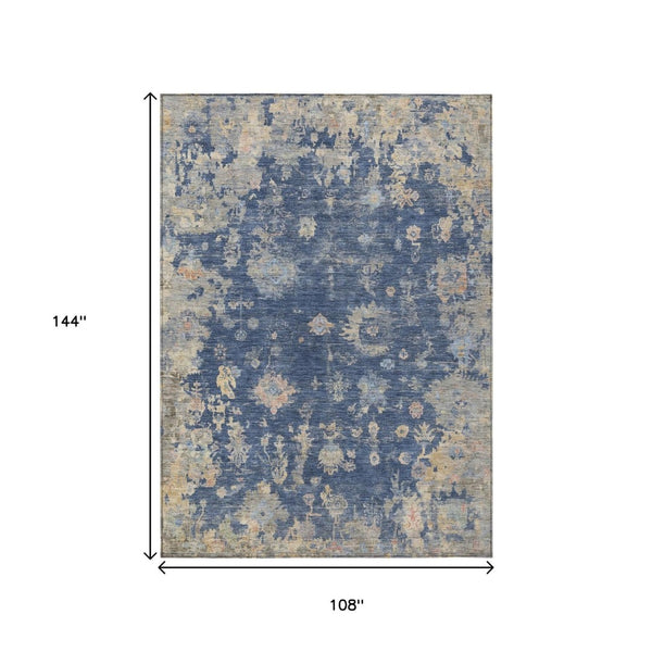 HomeRoots 9' X 12' Washable Floral Area Rug in Navy, Gray & Beige - Elegant Indoor/Outdoor Decor Solution! 658415