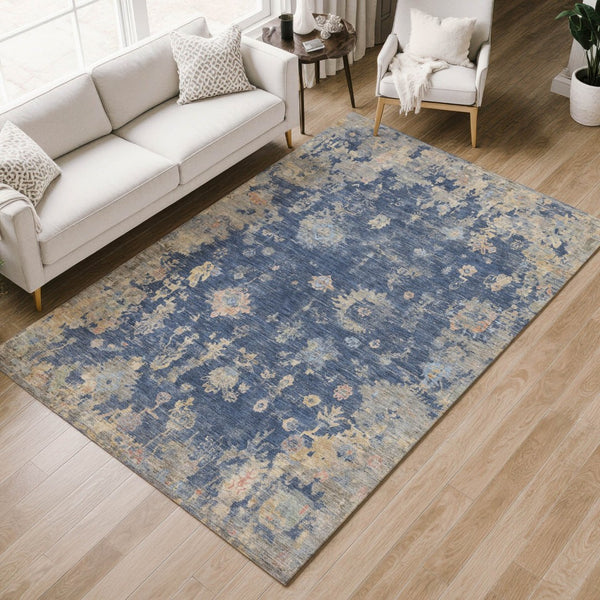 HomeRoots 9' X 12' Washable Floral Area Rug in Navy, Gray & Beige - Elegant Indoor/Outdoor Decor Solution! 658415