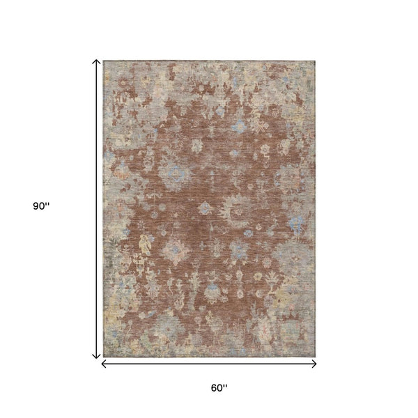 HomeRoots 5' X 8' Chili Red and Beige Floral Washable Area Rug – Durable, Stylish, Perfect for Indoor & Outdoor Use! 658418