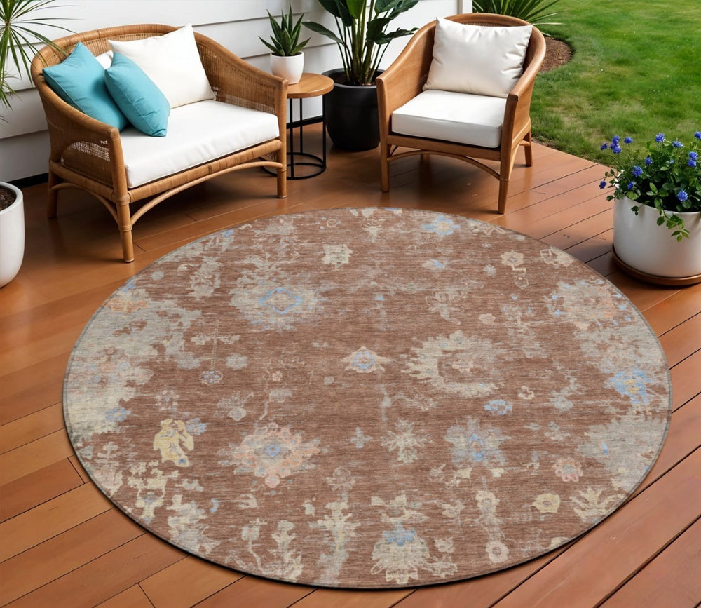 HomeRoots 8' Chili Red Floral Round Rug – Durable, Washable Indoor/Outdoor Area Rug for Stylish Spaces 658419