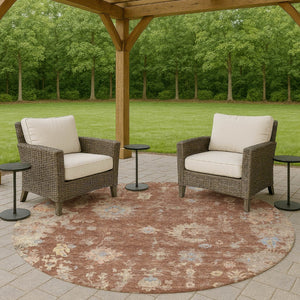 HomeRoots 8' Chili Red Floral Round Rug – Durable, Washable Indoor/Outdoor Area Rug for Stylish Spaces 658419