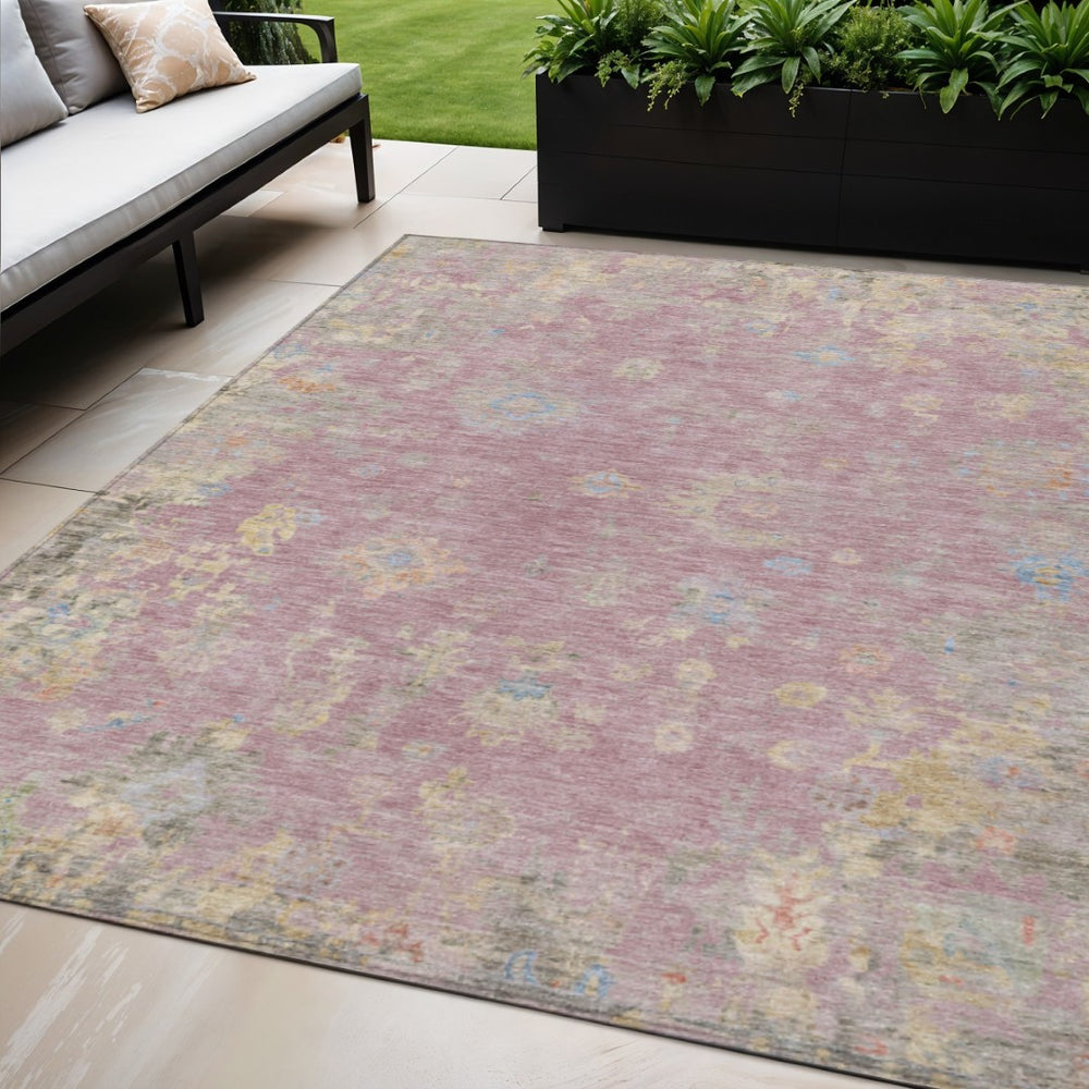 HomeRoots 5' Floral Charm Area Rug in Pink, Beige & Gray – Washable, Durable for Indoor/Outdoor Use, Easy Care 658424