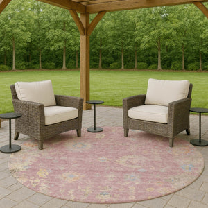 HomeRoots 8' Stylish Pink Beige and Gray Round Floral Washable Area Rug for Indoor/Outdoor Spaces, Durable Design 658425
