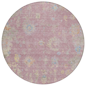 HomeRoots 8' Stylish Pink Beige and Gray Round Floral Washable Area Rug for Indoor/Outdoor Spaces, Durable Design 658425