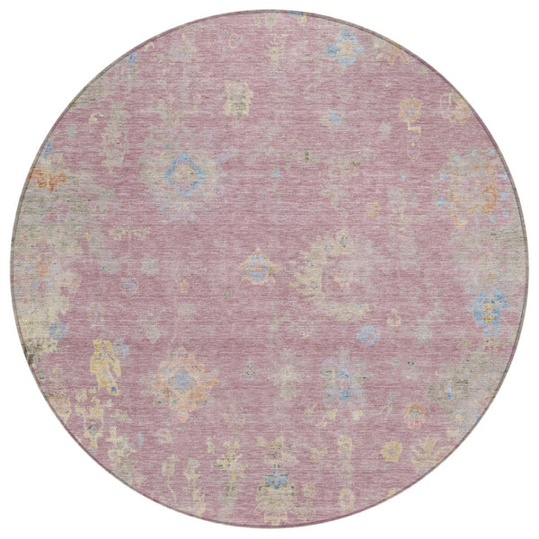 HomeRoots 8' Stylish Pink Beige and Gray Round Floral Washable Area Rug for Indoor/Outdoor Spaces, Durable Design 658425