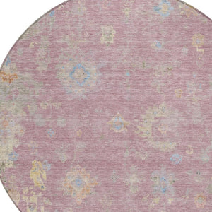 HomeRoots 8' Stylish Pink Beige and Gray Round Floral Washable Area Rug for Indoor/Outdoor Spaces, Durable Design 658425