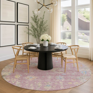 HomeRoots 8' Stylish Pink Beige and Gray Round Floral Washable Area Rug for Indoor/Outdoor Spaces, Durable Design 658425