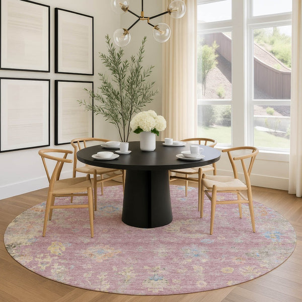 HomeRoots 8' Stylish Pink Beige and Gray Round Floral Washable Area Rug for Indoor/Outdoor Spaces, Durable Design 658425