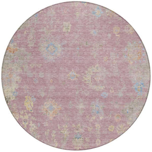 HomeRoots 8' Stylish Pink Beige and Gray Round Floral Washable Area Rug for Indoor/Outdoor Spaces, Durable Design 658425