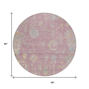 HomeRoots 8' Stylish Pink Beige and Gray Round Floral Washable Area Rug for Indoor/Outdoor Spaces, Durable Design 658425