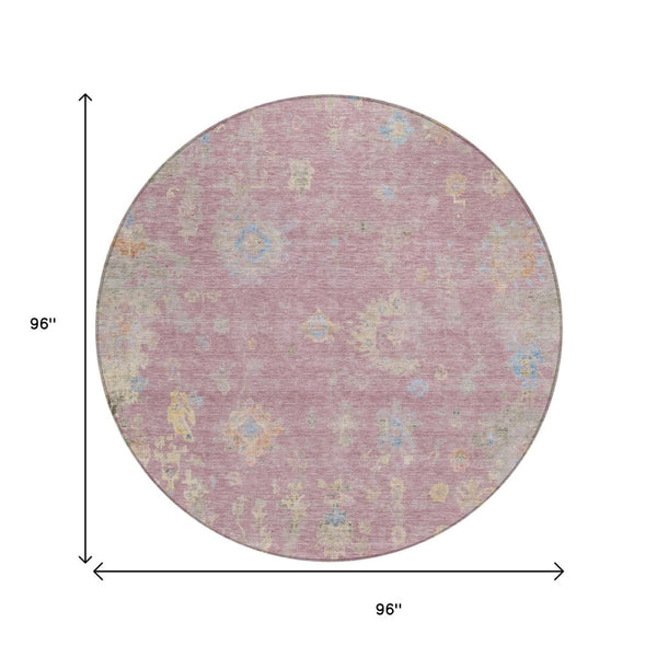 HomeRoots 8' Stylish Pink Beige and Gray Round Floral Washable Area Rug for Indoor/Outdoor Spaces, Durable Design 658425