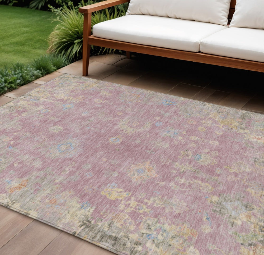 HomeRoots 8' X 10' Floral Washable Area Rug in Pink, Beige & Gray - Durable, Stylish for Indoor/Outdoor Use! 658426