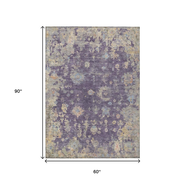 HomeRoots 5' Floral Washable Area Rug in Plum Beige & Gray - Durable Indoor/Outdoor Design for Any Space 658430