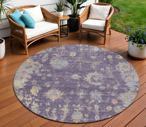 HomeRoots 8' Round Floral Area Rug in Plum, Beige & Gray - Washable, Durable for Indoor/Outdoor Use! 658431