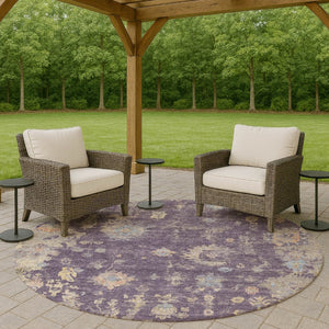HomeRoots 8' Round Floral Area Rug in Plum, Beige & Gray - Washable, Durable for Indoor/Outdoor Use! 658431