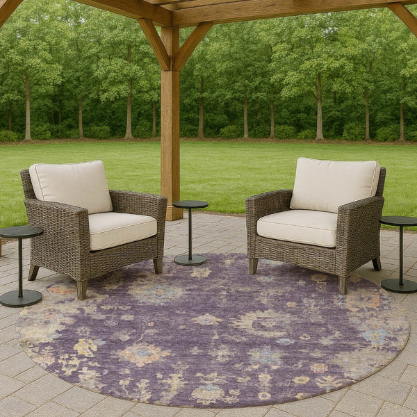 HomeRoots 8' Round Floral Area Rug in Plum, Beige & Gray - Washable, Durable for Indoor/Outdoor Use! 658431