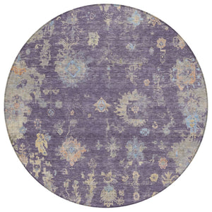 HomeRoots 8' Round Floral Area Rug in Plum, Beige & Gray - Washable, Durable for Indoor/Outdoor Use! 658431