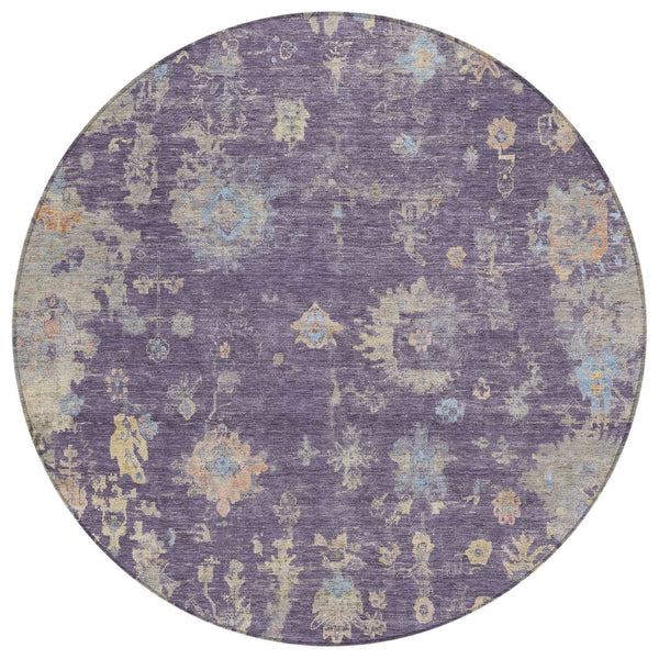 HomeRoots 8' Round Floral Area Rug in Plum, Beige & Gray - Washable, Durable for Indoor/Outdoor Use! 658431