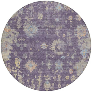 HomeRoots 8' Round Floral Area Rug in Plum, Beige & Gray - Washable, Durable for Indoor/Outdoor Use! 658431