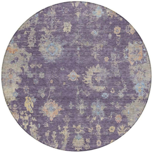 HomeRoots 8' Round Floral Area Rug in Plum, Beige & Gray - Washable, Durable for Indoor/Outdoor Use! 658431