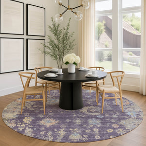 HomeRoots 8' Round Floral Area Rug in Plum, Beige & Gray - Washable, Durable for Indoor/Outdoor Use! 658431