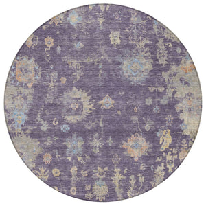 HomeRoots 8' Round Floral Area Rug in Plum, Beige & Gray - Washable, Durable for Indoor/Outdoor Use! 658431