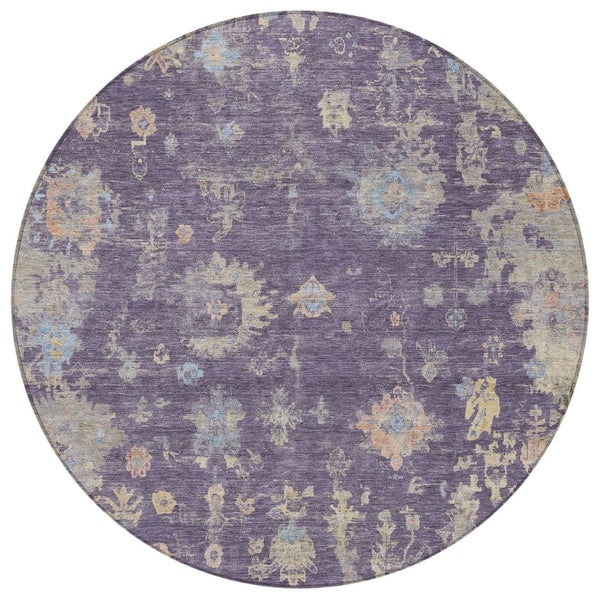 HomeRoots 8' Round Floral Area Rug in Plum, Beige & Gray - Washable, Durable for Indoor/Outdoor Use! 658431