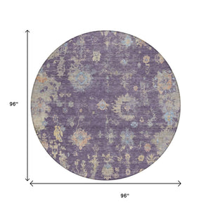 HomeRoots 8' Round Floral Area Rug in Plum, Beige & Gray - Washable, Durable for Indoor/Outdoor Use! 658431