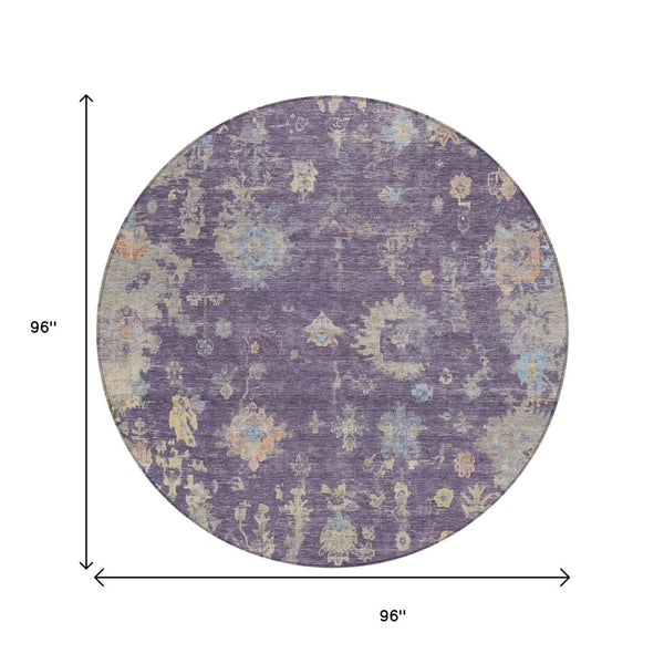 HomeRoots 8' Round Floral Area Rug in Plum, Beige & Gray - Washable, Durable for Indoor/Outdoor Use! 658431