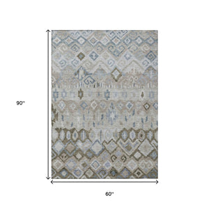 HomeRoots 5' Stylish Beige Taupe & Blue Geometric Indoor/Outdoor Area Rug - Washable, Durable & Versatile! 658436