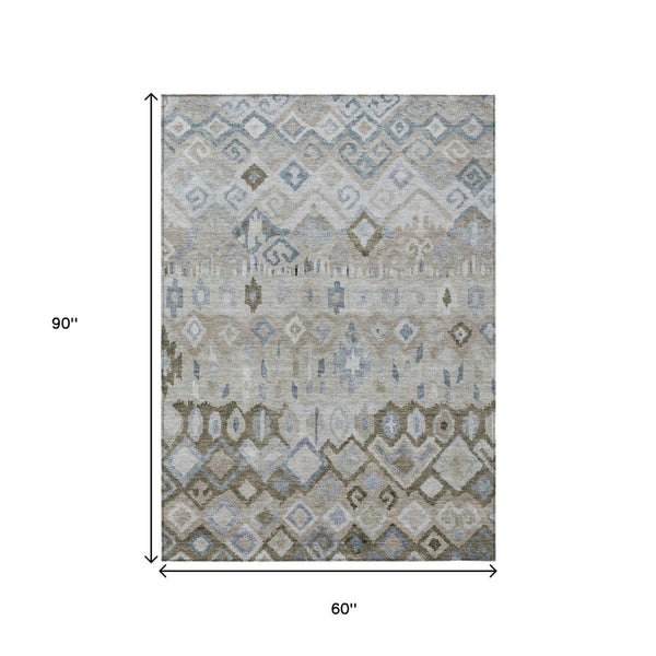 HomeRoots 5' Stylish Beige Taupe & Blue Geometric Indoor/Outdoor Area Rug - Washable, Durable & Versatile! 658436