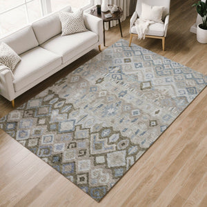 HomeRoots 5' Stylish Beige Taupe & Blue Geometric Indoor/Outdoor Area Rug - Washable, Durable & Versatile! 658436