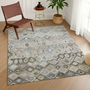 HomeRoots 5' Stylish Beige Taupe & Blue Geometric Indoor/Outdoor Area Rug - Washable, Durable & Versatile! 658436