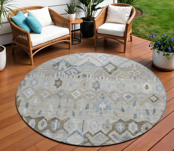 HomeRoots 8' Beige Taupe and Blue Geometric Washable Area Rug - Stylish, Durable, Indoor/Outdoor Design for All Spaces 658437