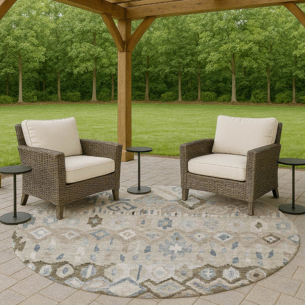 HomeRoots 8' Beige Taupe and Blue Geometric Washable Area Rug - Stylish, Durable, Indoor/Outdoor Design for All Spaces 658437