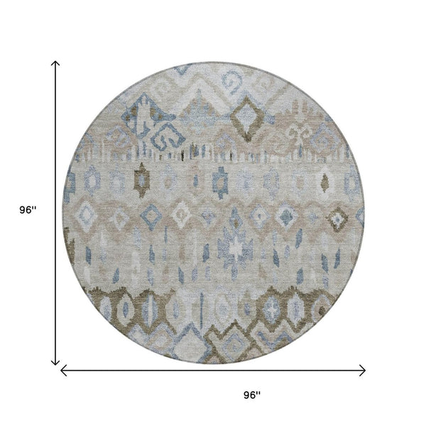 HomeRoots 8' Beige Taupe and Blue Geometric Washable Area Rug - Stylish, Durable, Indoor/Outdoor Design for All Spaces 658437