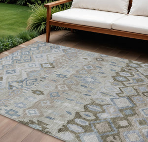 HomeRoots 8' X 10' Beige Taupe and Blue Geometric Indoor Outdoor Rug - Stylish, Washable, Durable & Versatile! 658438