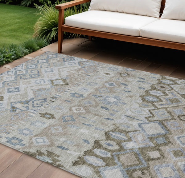 HomeRoots 8' X 10' Beige Taupe and Blue Geometric Indoor Outdoor Rug - Stylish, Washable, Durable & Versatile! 658438