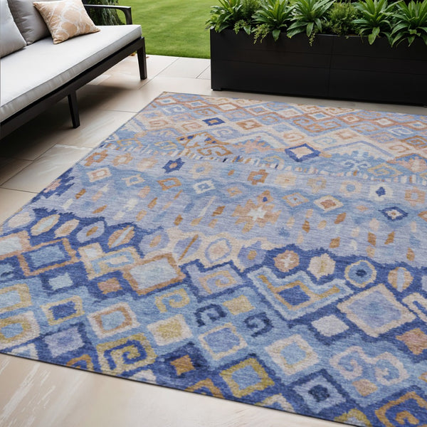 HomeRoots 5' X 8' Stylish Blue & Taupe Geometric Indoor Outdoor Area Rug - Durable, Washable & Slip-Resistant! 658442