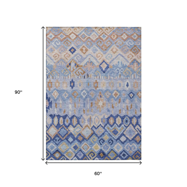 HomeRoots 5' X 8' Stylish Blue & Taupe Geometric Indoor Outdoor Area Rug - Durable, Washable & Slip-Resistant! 658442