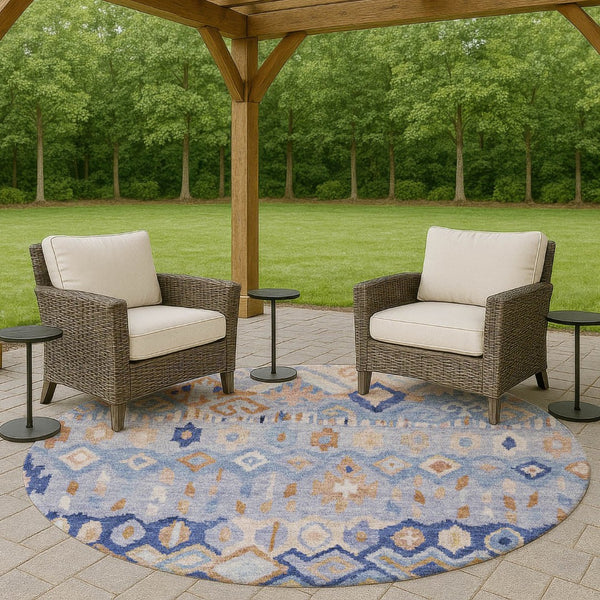 HomeRoots 8' Blue and Taupe Round Geometric Washable Rug - Stylish, Durable & Perfect for Indoor/Outdoor Spaces! 658443